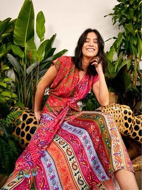 NWT FARM Rio Vibrant Colorful Bandana Waist Binding Paisley & Stripe Midi Dress
